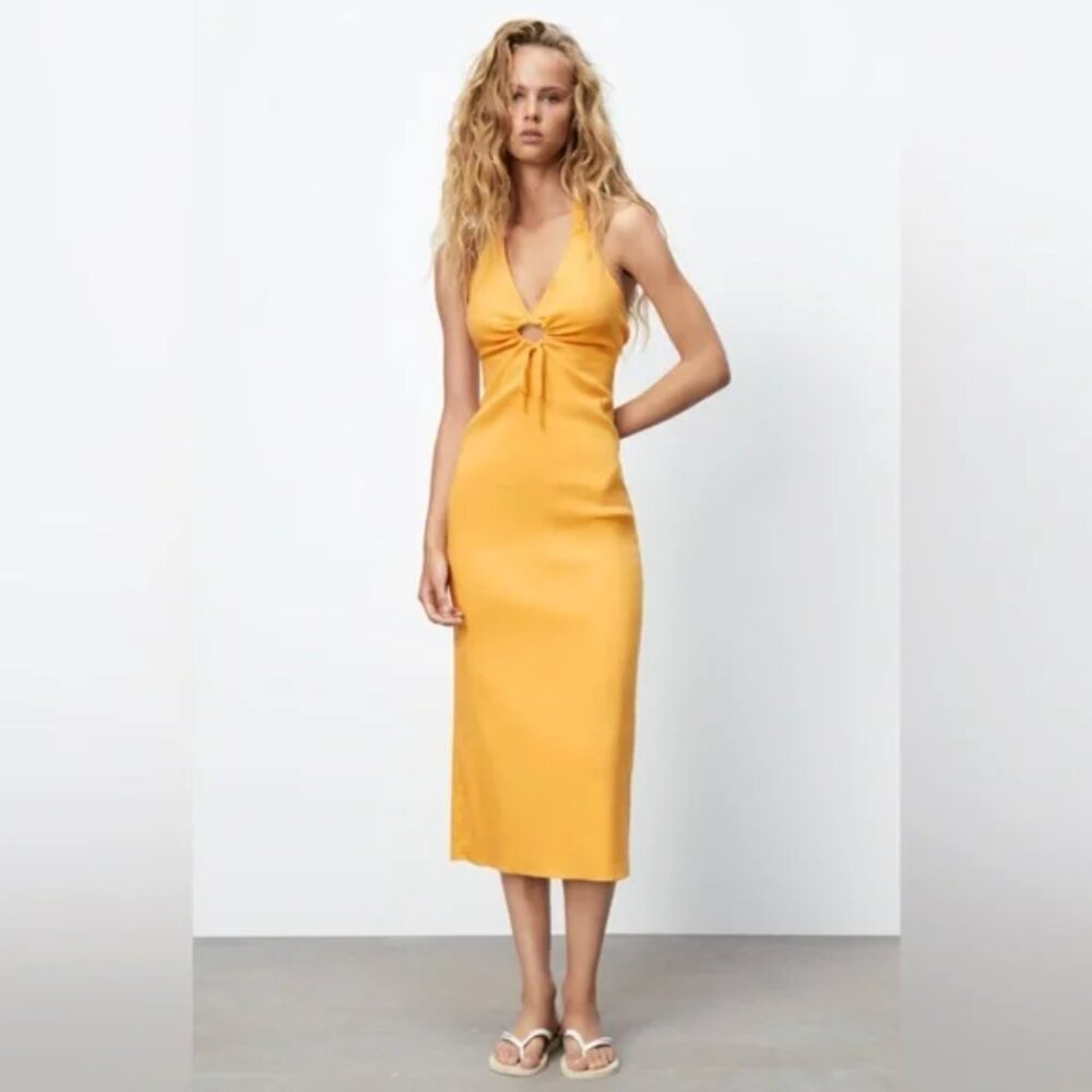 Zara Cut Out Linen Blend Midi Dress XS